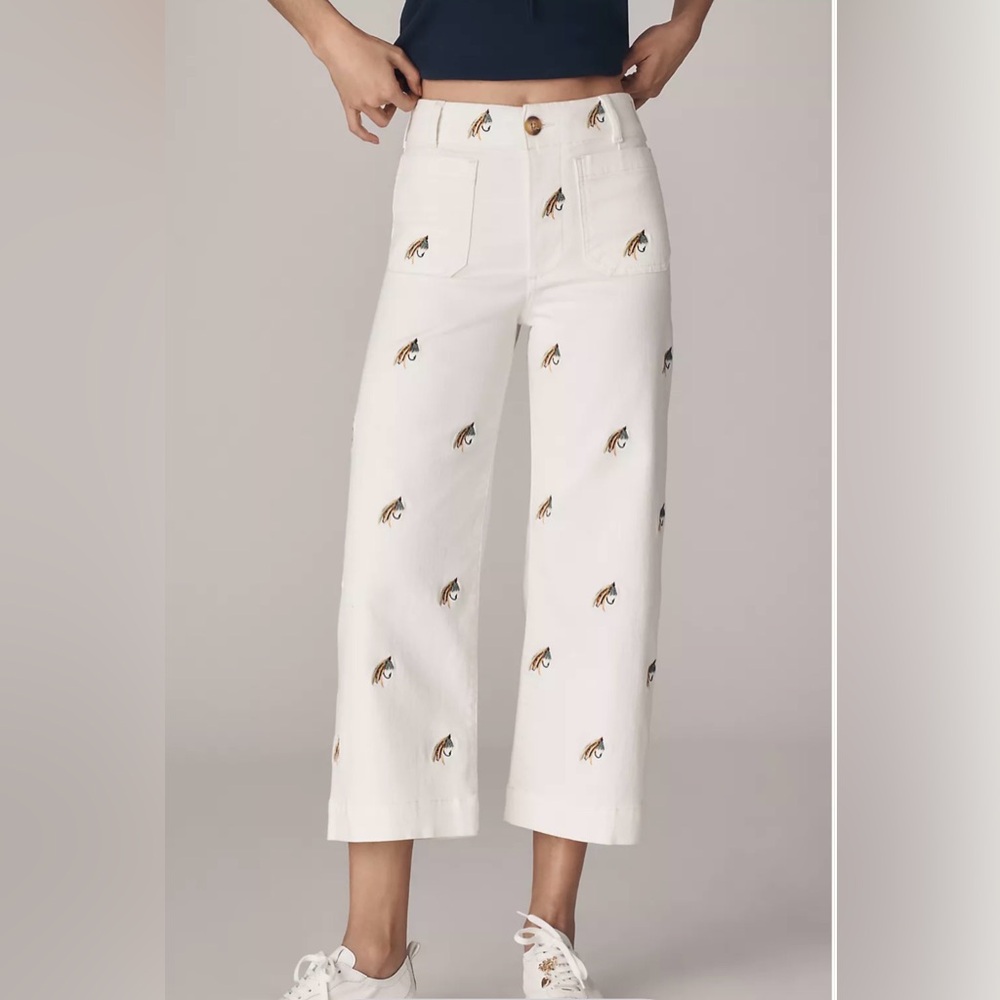 Anthropologie The Colette Embroidered Wide Leg Fishing Fly Pants Nude - Picture 3 of 6